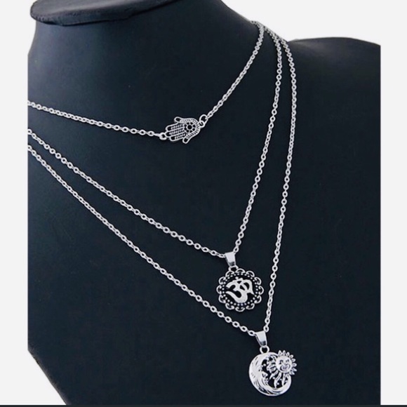 Triple Layer Delicate Silver Necklace Hamsa Om - Picture 2 of 3